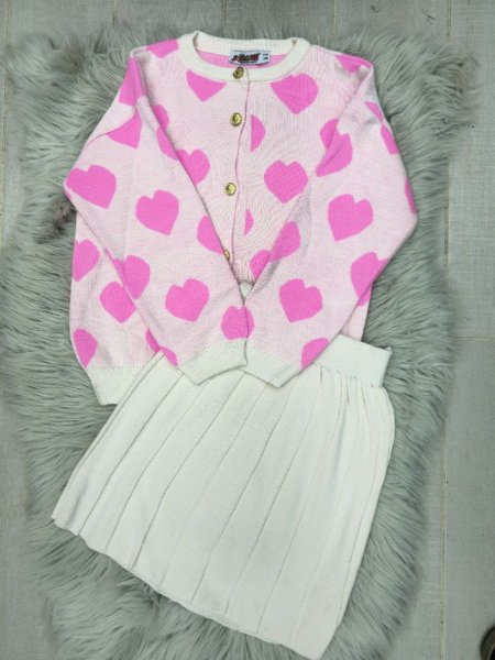جديد الشتاء! طقم بناتي ببلوزة قلوب وتنورة بيضاء ساحرة
